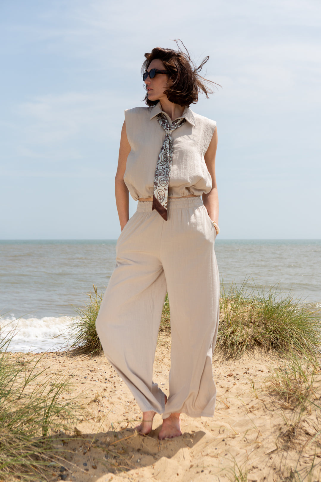 Cinched Waist Shirt with Paisley Scarf