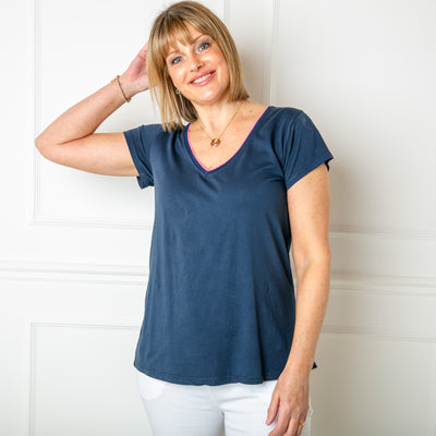 The navy blue Clashing T-shirt made from a lightweight stretchy material perfect for summer