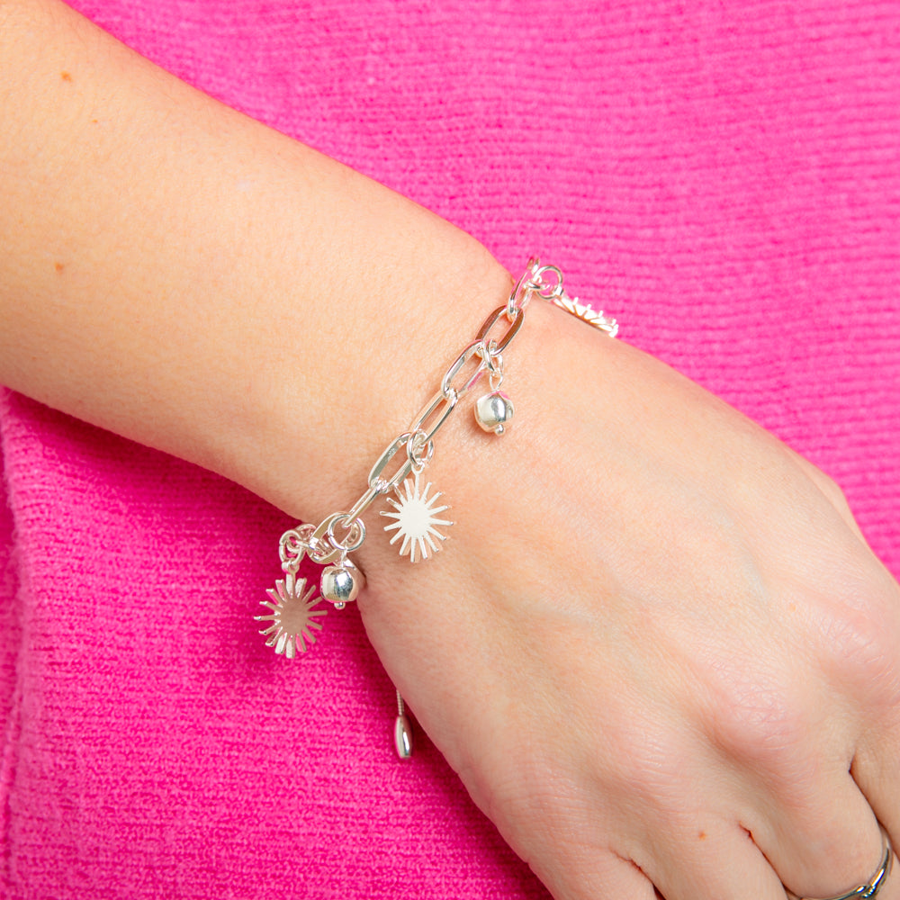 The silver Coco Bracelet with a drawstring chain fastening to adjust to desired length