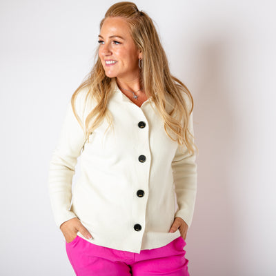 The cream Collared Knitted Cardigan made from a blend of nylon, viscose and polyester