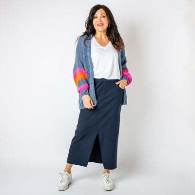 The denim blue Contrast Stripe Cardigan with balloon sleeves and a ribbed cuff