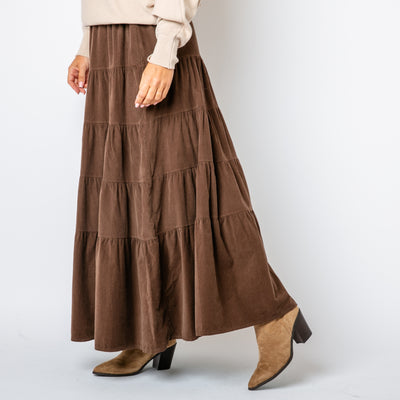 The Cord Tiered Skirt in chocolate brown made from 100% cotton corduroy, soft to the touch