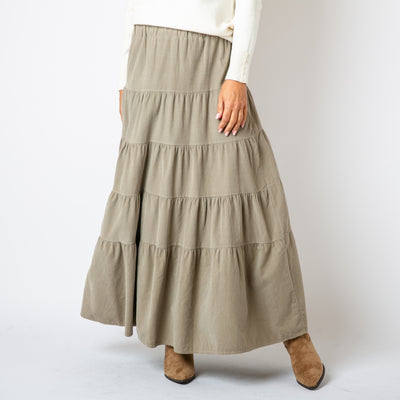 The Cord Tiered Skirt in stone cream brown with a stretchy elasticated waistband