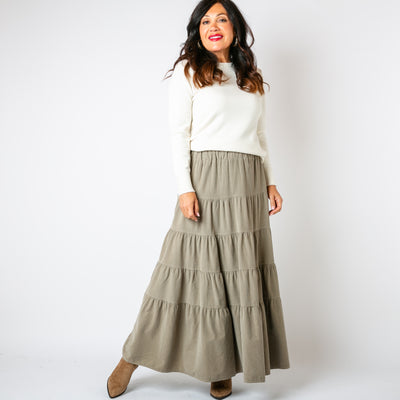 The Cord Tiered Skirt in stone cream brown made from 100% cotton corduroy, soft to the touch