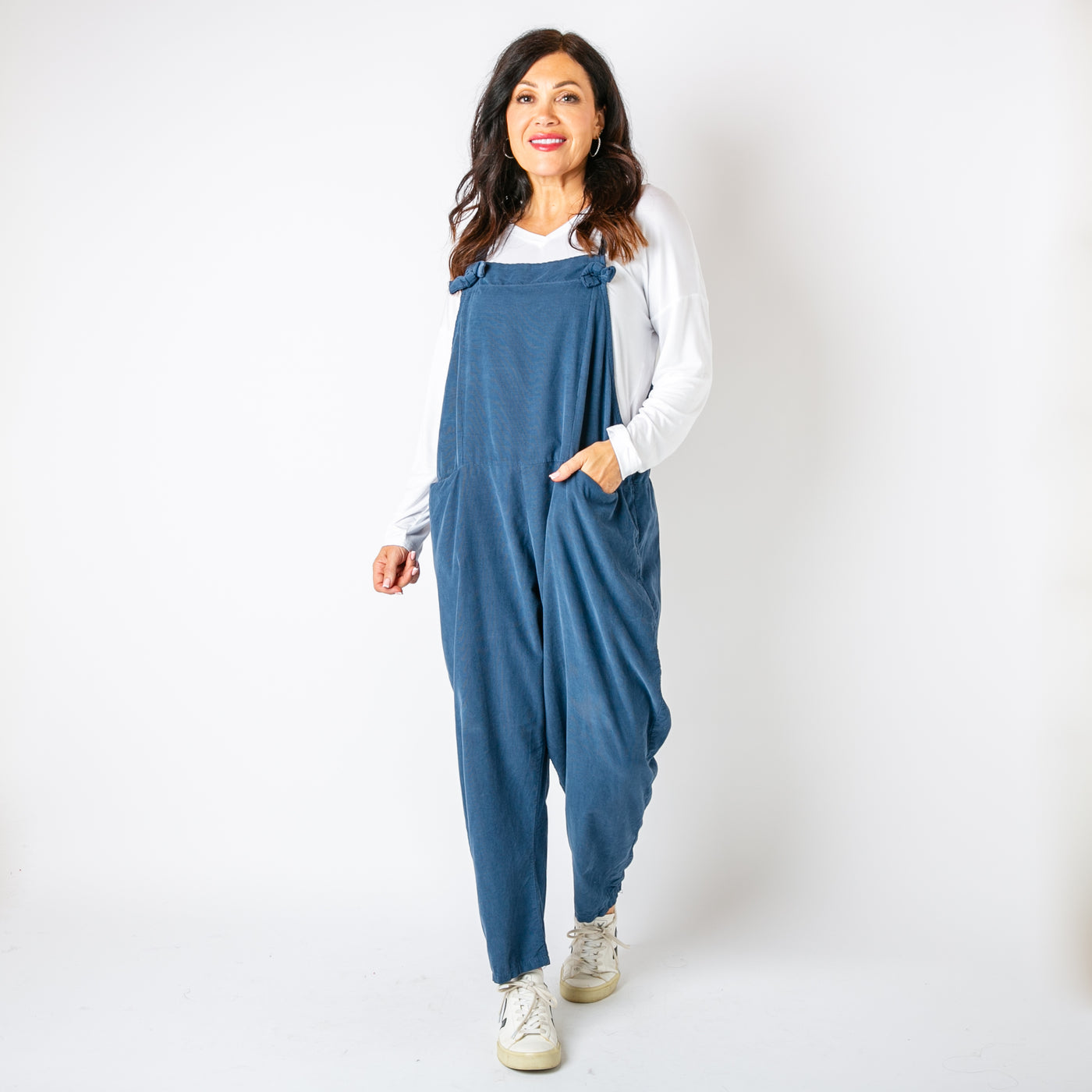 The denim blue Corduroy Dungarees with a tapered leg for a loose relaxed fit