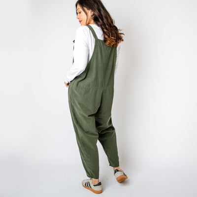 The khaki green Corduroy Dungarees with a tapered leg for a loose relaxed fit