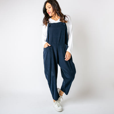 The navy blue Corduroy Dungarees with tie up straps that can be adjusted to desired length