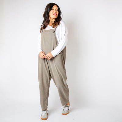 The stone brown cream Corduroy Dungarees with tie up straps that can be adjusted to desired length