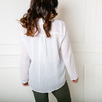 The Cotton Shirt in white, lightweight and perfect for layering in autumn and winter