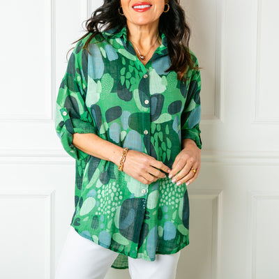 The green Cotton Spot Print Shirt featuring a fun colourful abstract patetrn made up of different size dots and spots