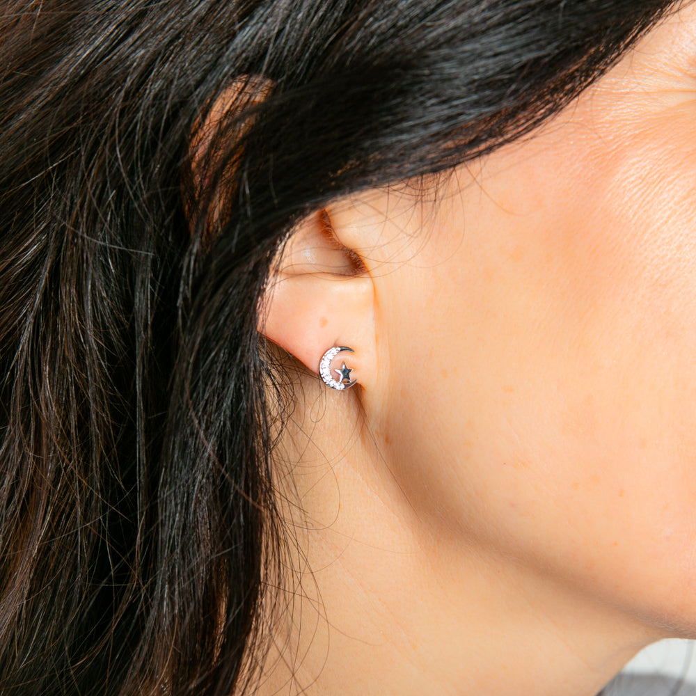 Crescent Moon Earrings in silver with a stud back fastening