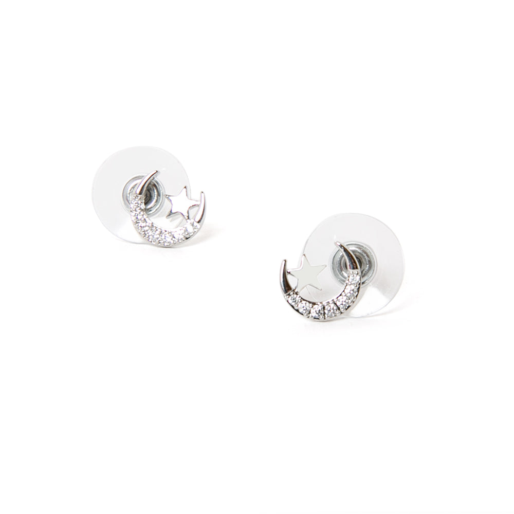 The Crescent Moon Earrings in silver with a beautiful delicate moon and star design