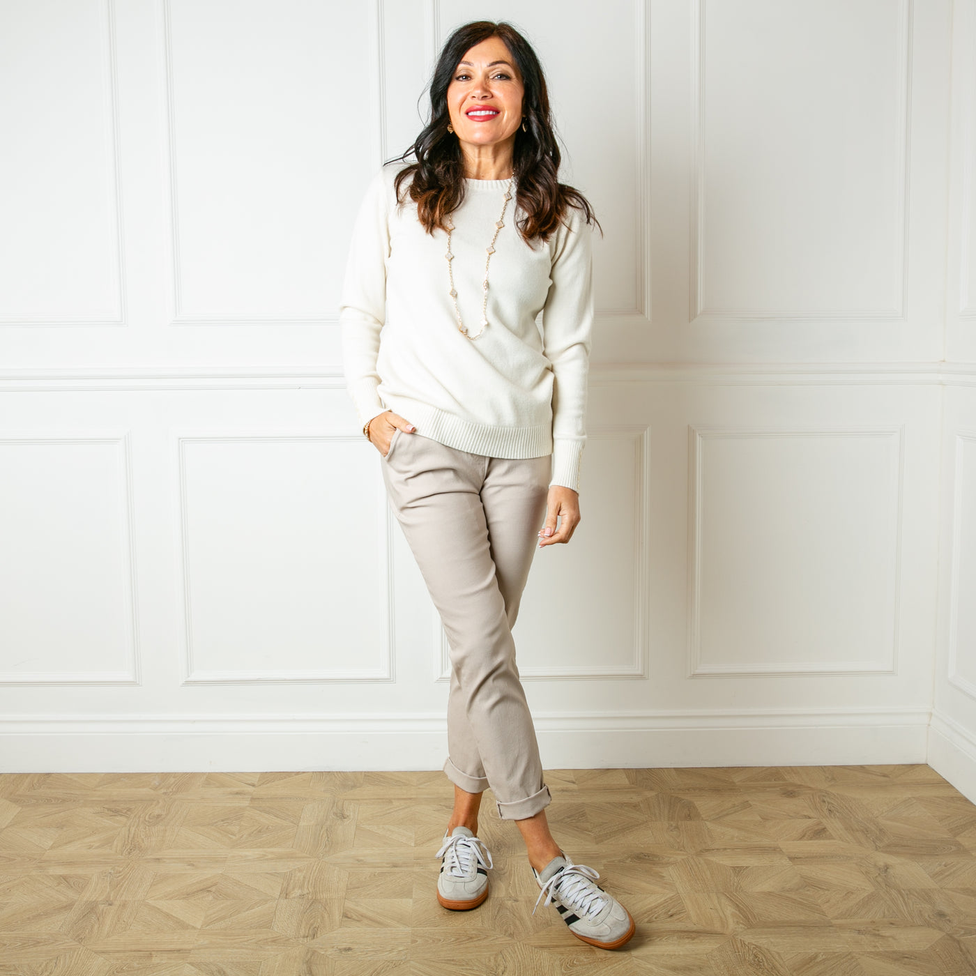 The Crew Neck Button Jumper in cream made from a fine knitted blend, super soft and great for spring