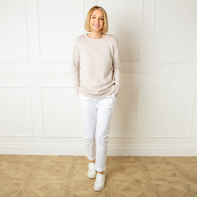 The Crew Neck Button Jumper in oatmeal cream made from a fine knitted blend, super soft and great for spring