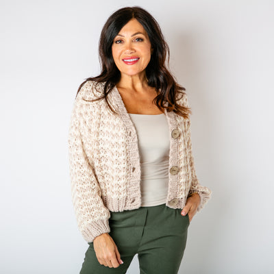 The stone cream Cropped Chunky Knit Cardigan with long balloon sleeves in a bold pattern