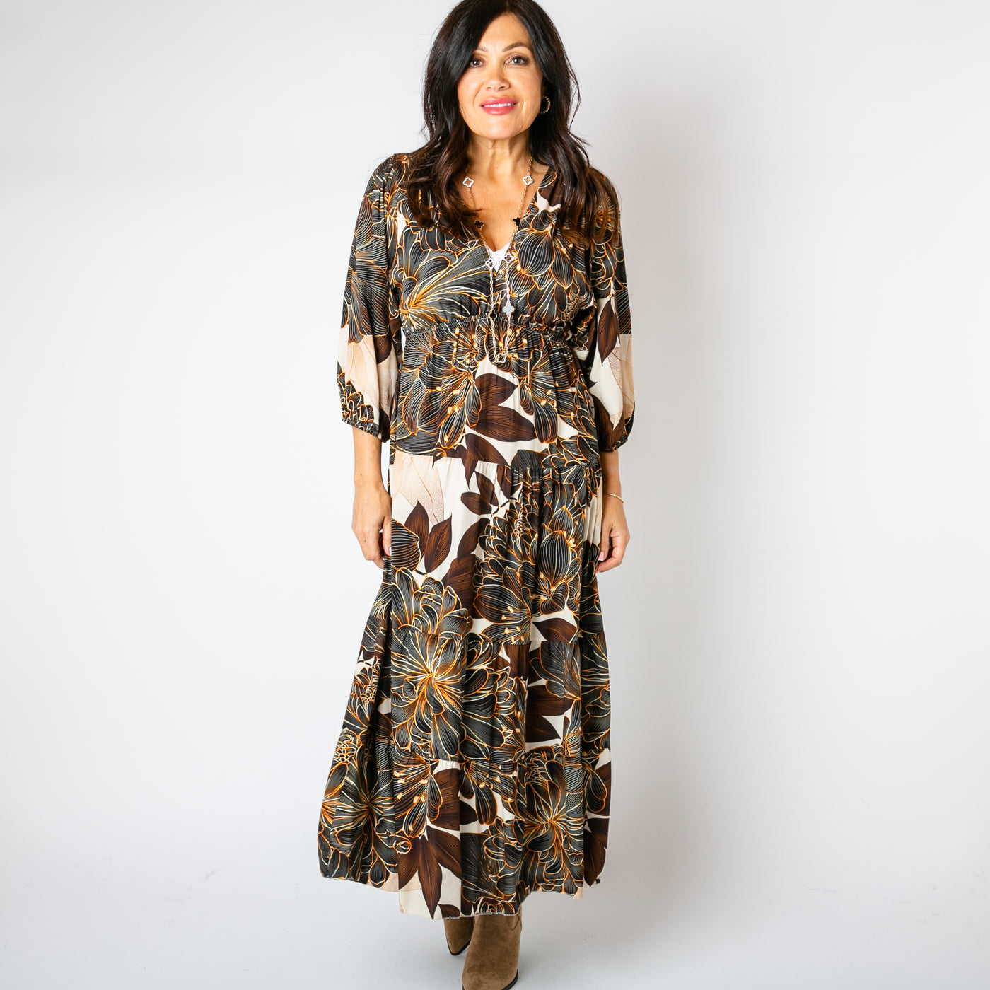 The chocolate brown Dahlia Print Tiered Dress with 3/4 length sleeves that have a stretchy elasticated cuff