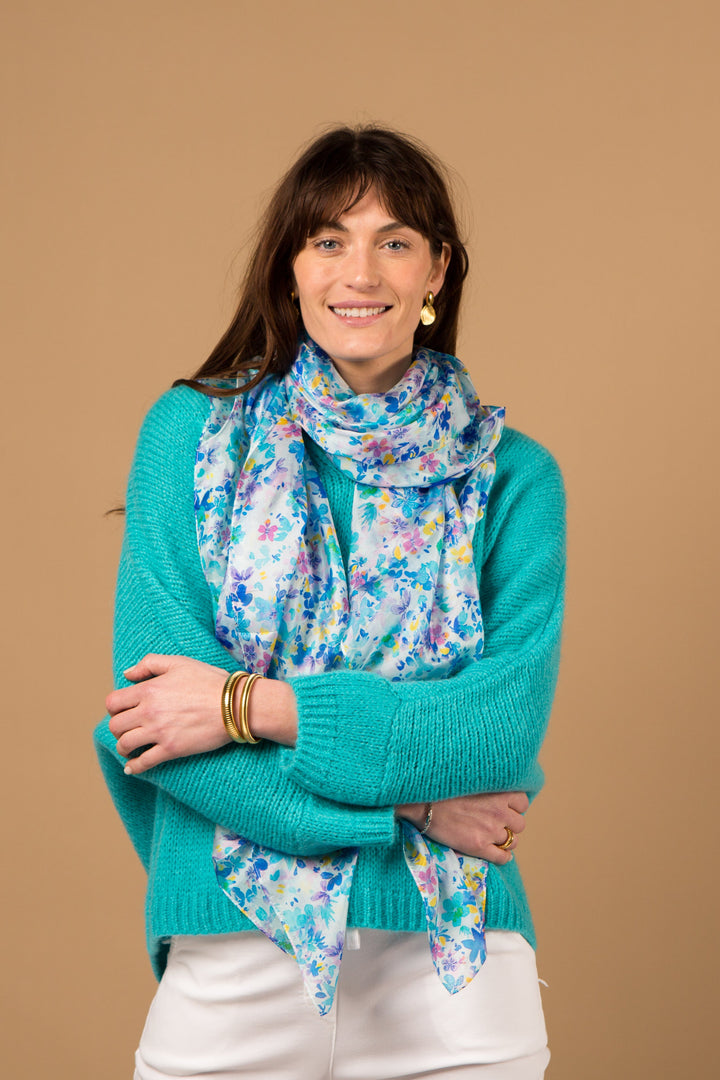 Ditsy Blossom Blue Silk Scarf