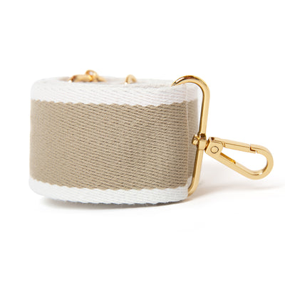 Fully adjustable detachable bag strap in neutral stripe beige, cream, white with gold hardware. Perfect for adding a unique touch to any bag