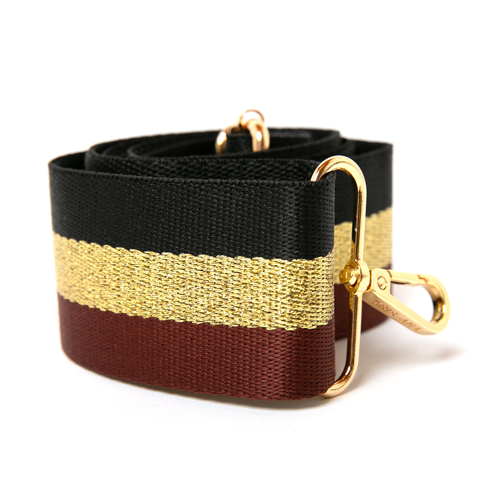 Fully adjustable detachable bag strap in black brown gold glitter stripe, with gold hardware. Perfect for adding a unique touch to any bag