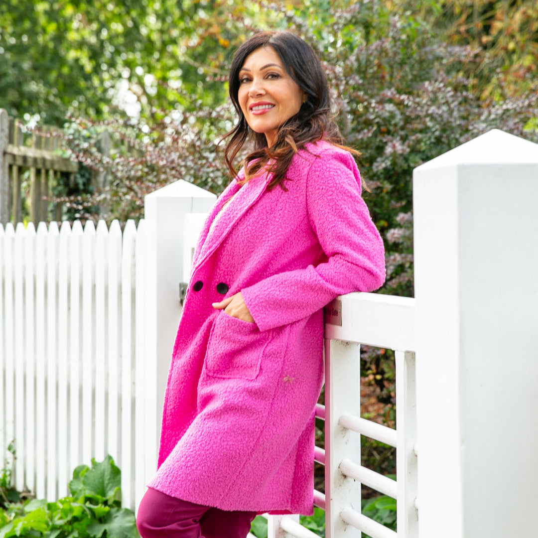 Pink knee length coat hotsell