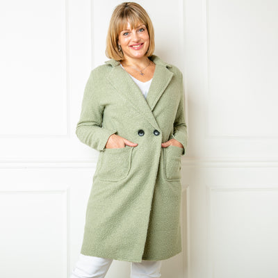 The sorbet green Double Breasted Coat made from a lightweight wool effect textured material, perfect as an extra layer for spring