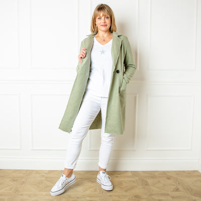 The sorbet green Double Breasted Coat in a knee length with pockets on either side 