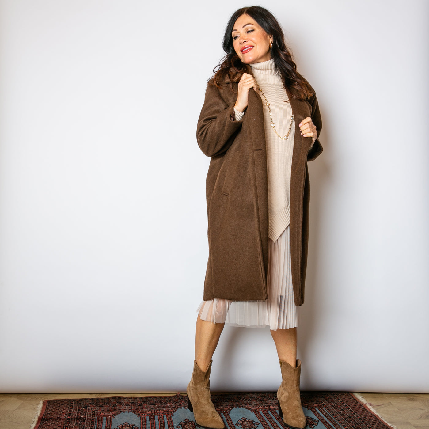 The chocolate brown Double Faced Coat with a two button fastening on the front