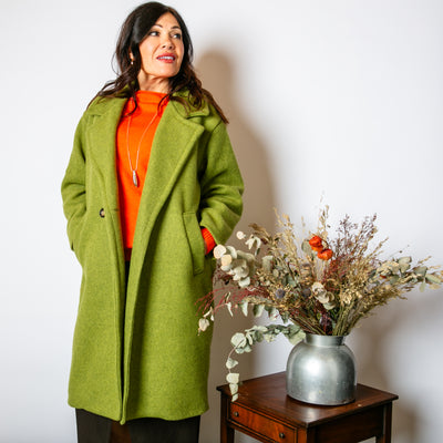 The pistachio green Double Faced Coat with a two button fastening on the front