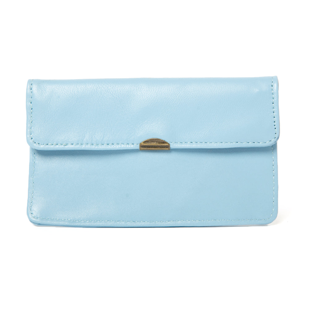 Dove Wallet in light blue with stitching detail and press stud fastening