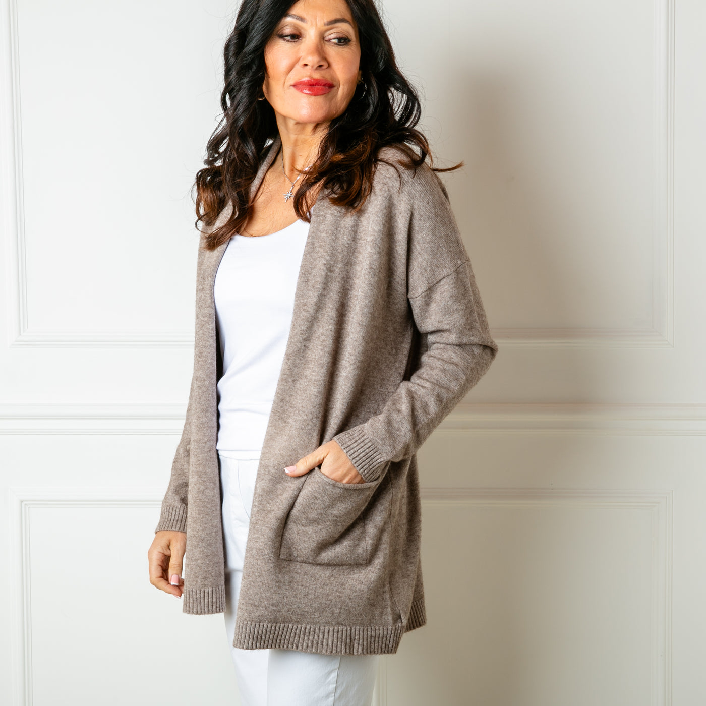 The Essentials Knit Cardigan in taupe brown beige with an open front and pockets on either side