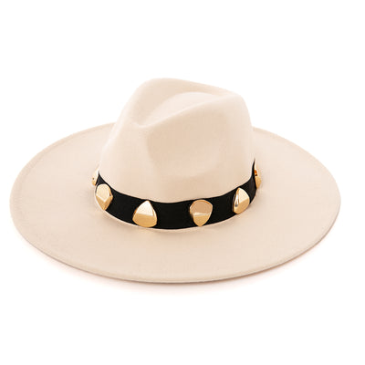 The Fedora Hat in beige which features a wide brim and a black band with gold metal shapes around the edges