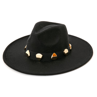 The Fedora Hat in black which features a wide brim and a black band with gold metal shapes around the edges