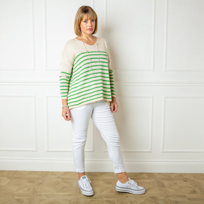 The emerald green Fine Knitted Stripe Jumper made from a blend of cotton and acrylic for a stretchy fine knitted material