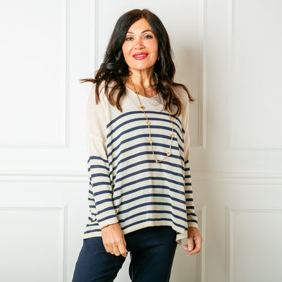 The navy blue Fine Knit Stripe Jumper with long sleeves and a v neckline