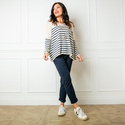 The navy blue Fine Knitted Stripe Jumper made from a blend of cotton and acrylic for a stretchy fine knitted material