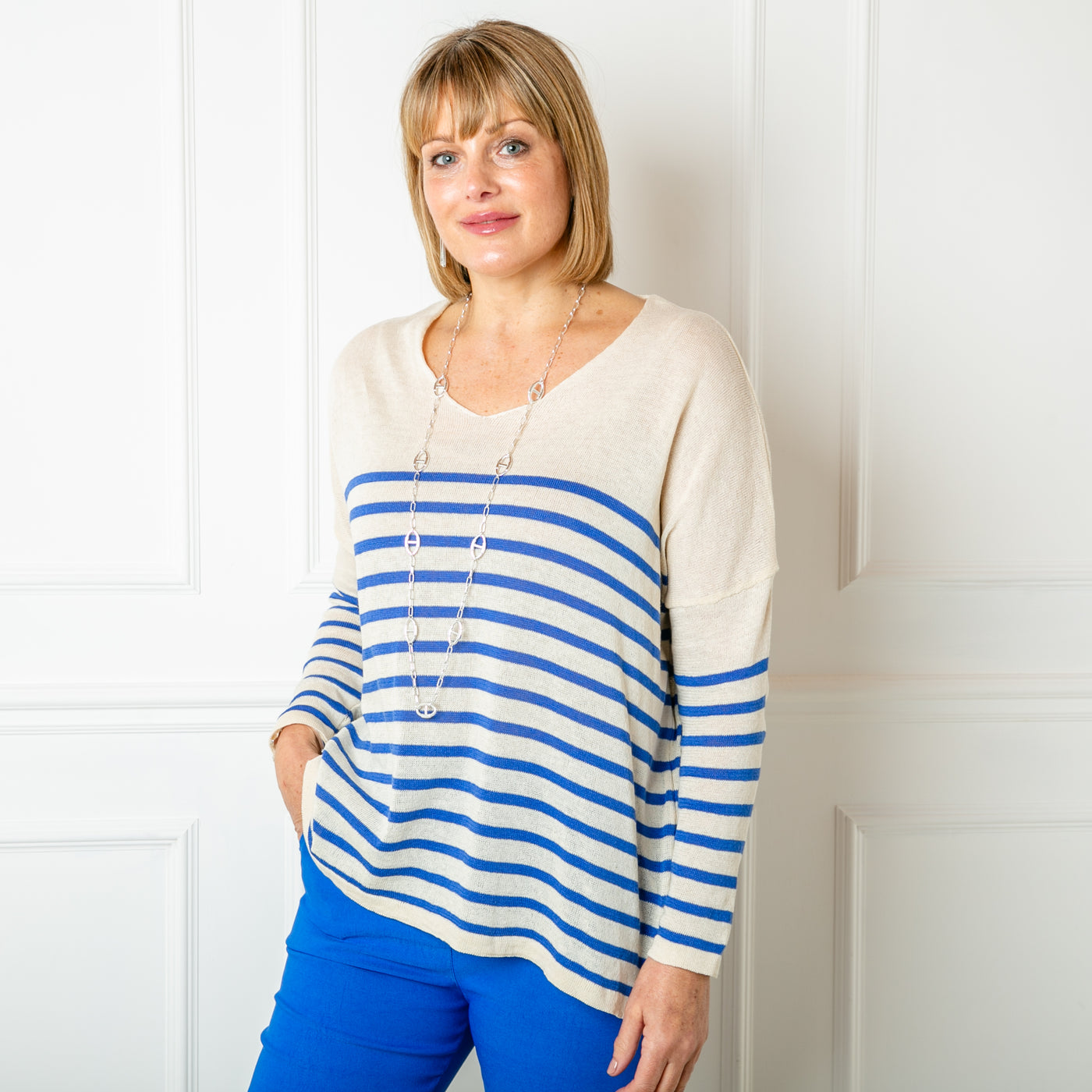 The royal blue Fine Knit Stripe Jumper with long sleeves and a v neckline