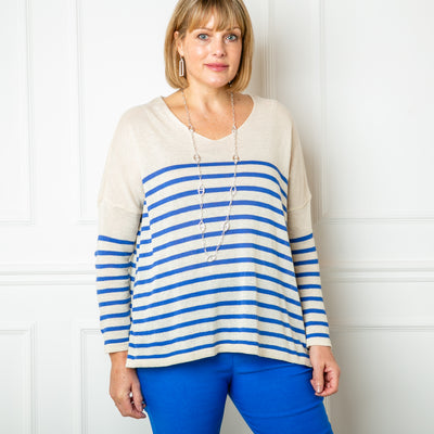 The royal blue Fine Knitted Stripe Jumper made from a blend of cotton and acrylic for a stretchy fine knitted material