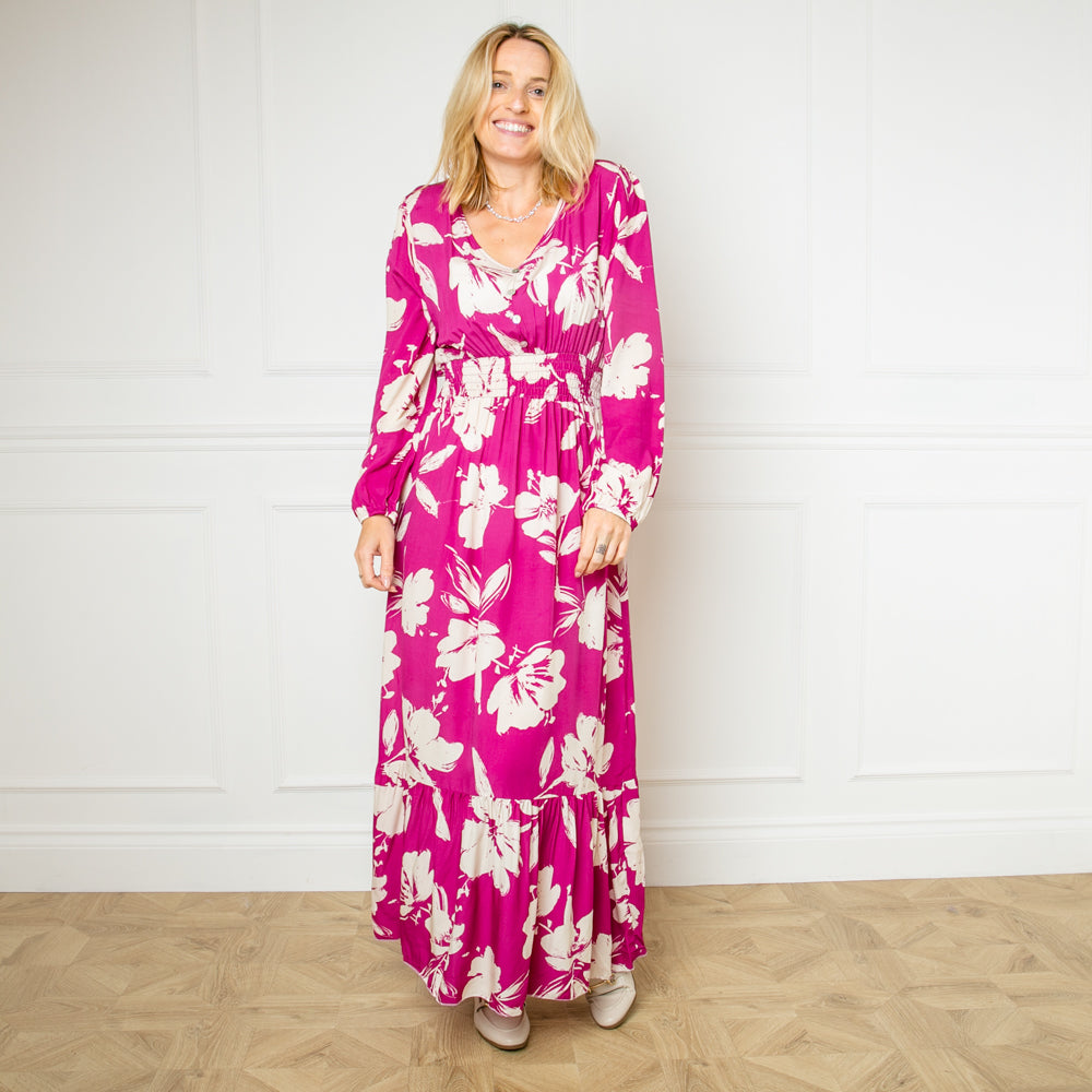 The fuchsia pink Floral Print Maxi Dress with elasticated detailing around the waist for a flattering fit