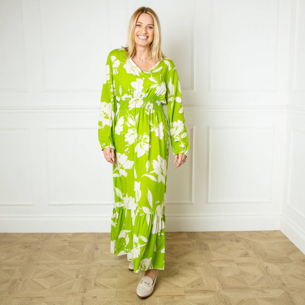 The lime green Floral Print Maxi Dress with elasticated detailing around the waist for a flattering fit