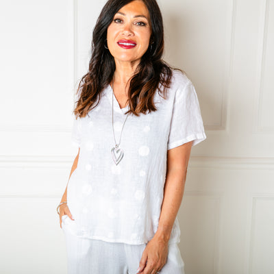 The white Frill Neck Linen Top with short sleeves and made from 100% linen 