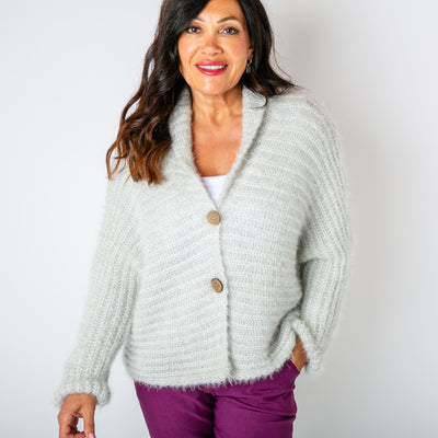 The silver grey Fuzzy Collar Cardigan with long sleeves with a dropped seam