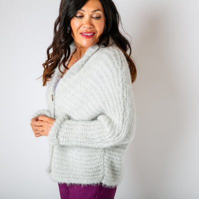 The silver grey Fuzzy Collar Cardigan with a cosy folded over collar