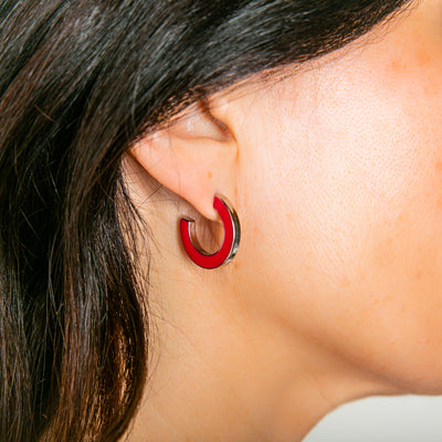 The Harlow Earrings in fuchsia pink red which make a great statement piece and pair perfectly with our Camilo Necklace 