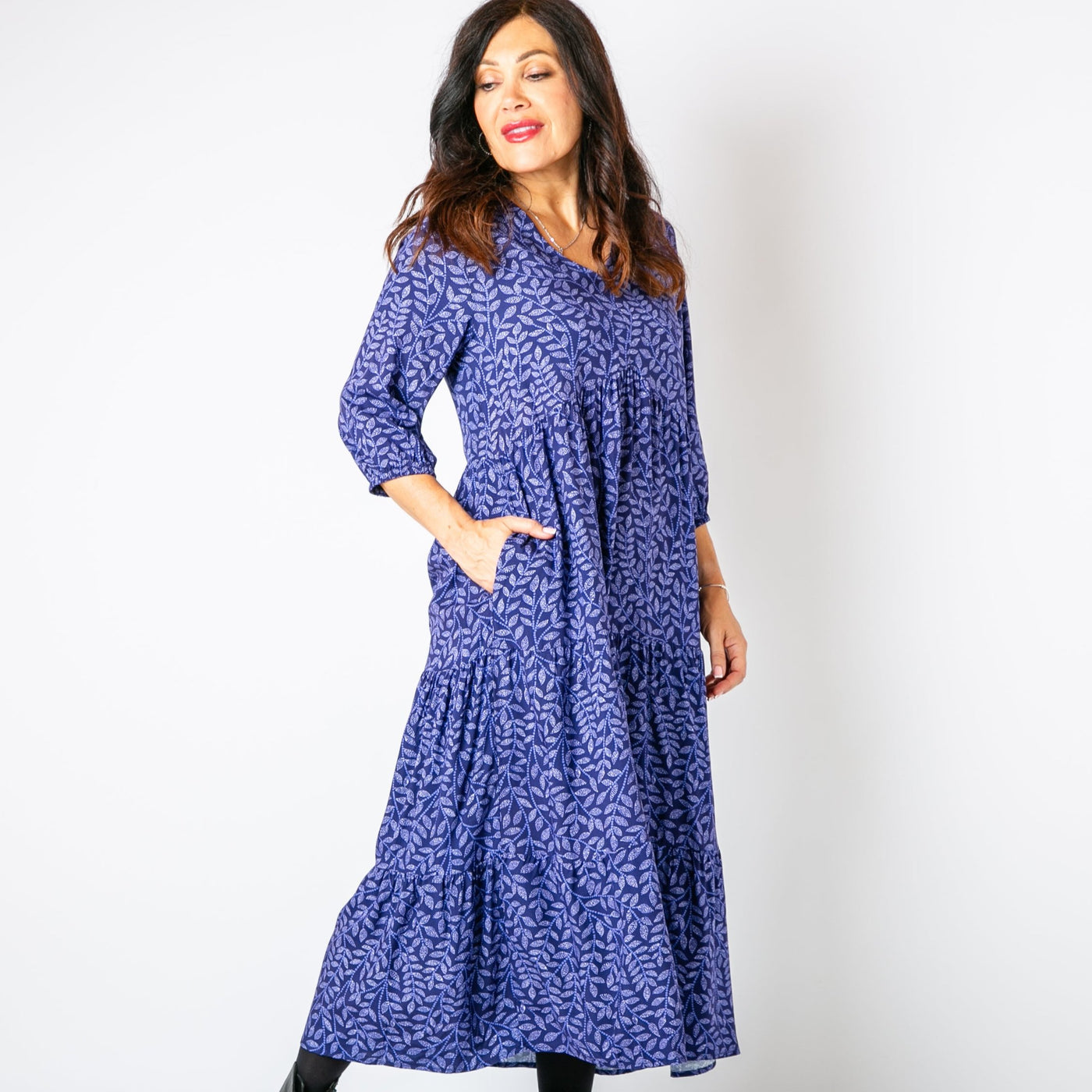 The navy blue Hazel Patterned 3/4 Sleeve Dress with stretchy elastic on the cuffs