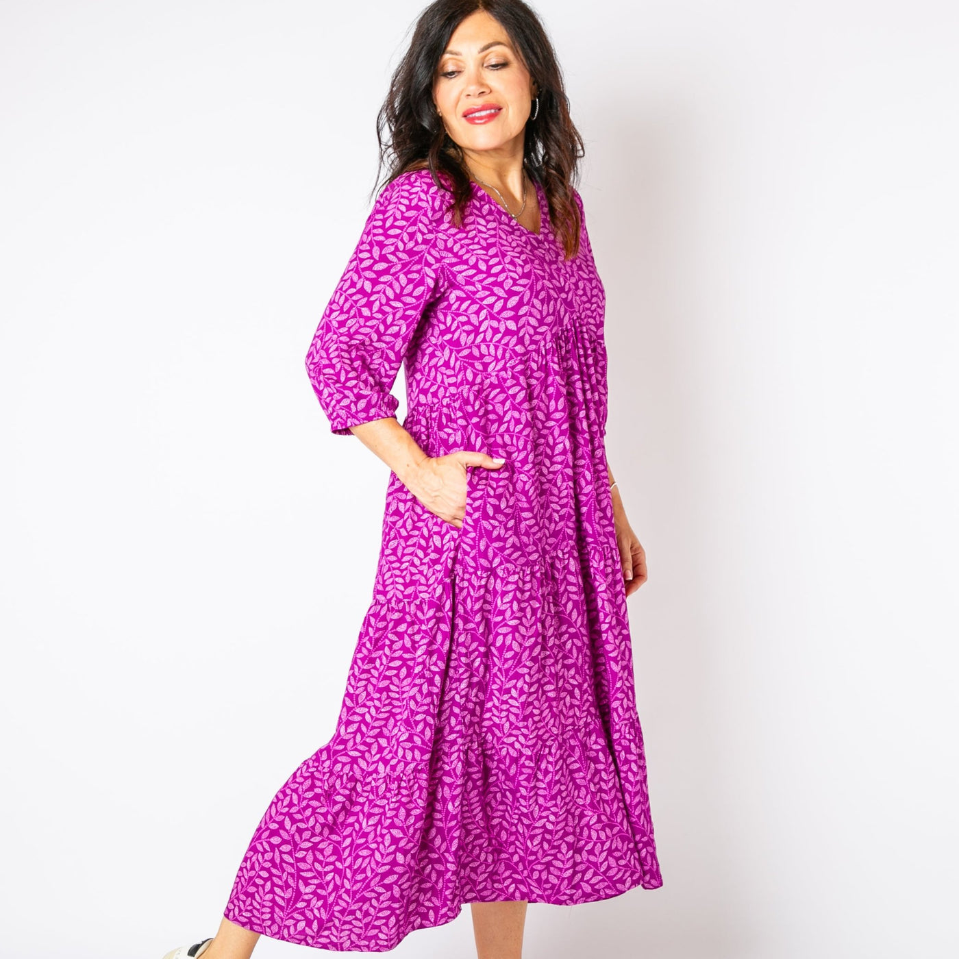 The plum purple Hazel Patterned 3/4 Sleeve Dress with stretchy elastic on the cuffs