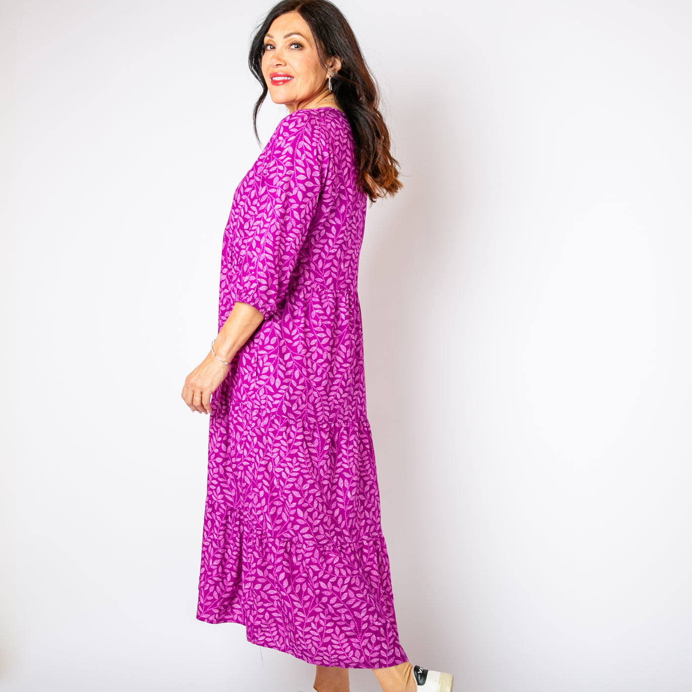 The plum purple Hazel Patterned 3/4 Sleeve Dress with a tiered skirt in a maxi length 