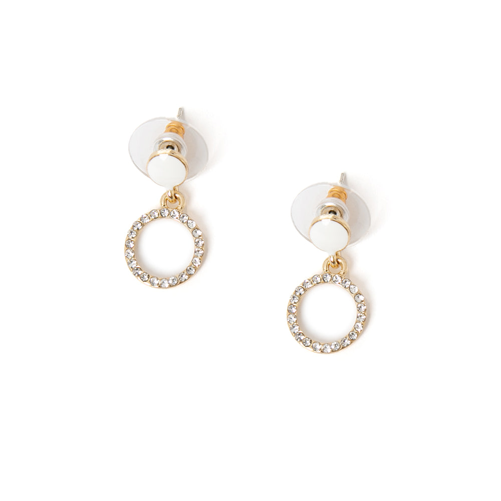 The Henry Earrings in gold with white studs and a sparkly hoop linked and dangling down