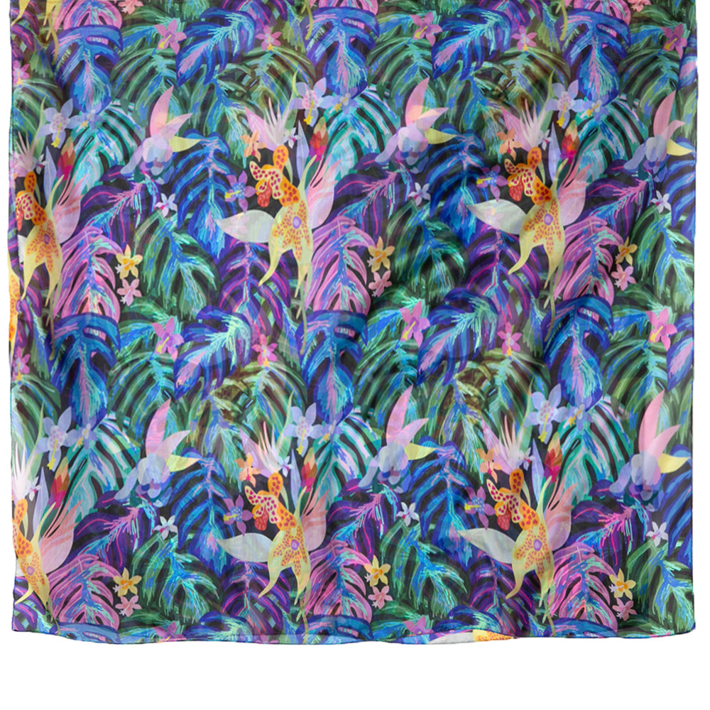 The Hibiscus Flower Silk Scarf featuring a vibrant tropical floral leaf print