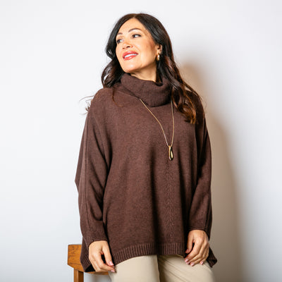 The High Neck Relax Fit Jumper in chocolate brown with a loose, relaxed silhouette 