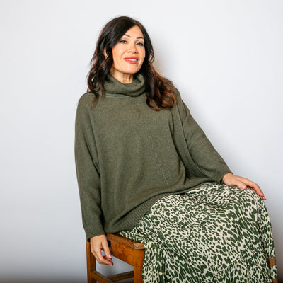 The High Neck Relax Fit Jumper in khaki green with a loose, relaxed silhouette 